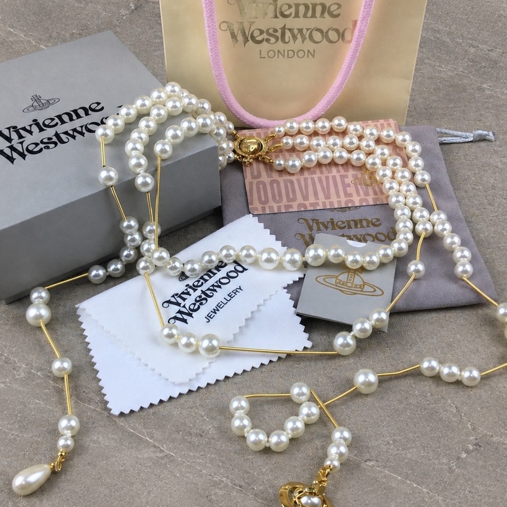 Vivienne Westwood Pearl and Gold Bead Long Layered Necklace